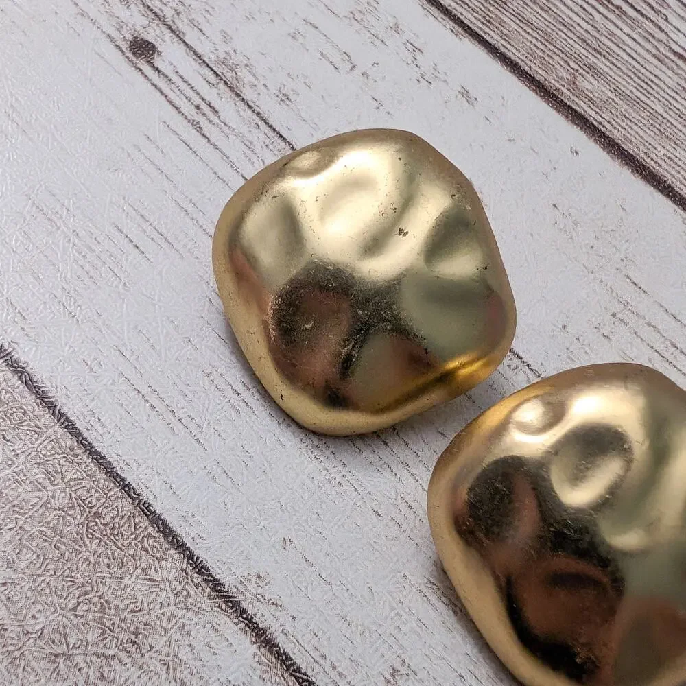 Vintage Clip On Earrings Rounded Square Irregular Gold Tone - Fair Condition
